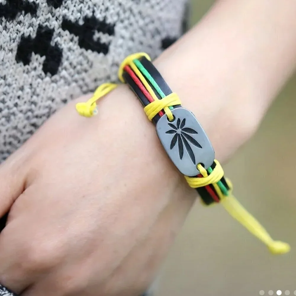 Jamaican-Inspired Large Leaf PU Leather Bracelet